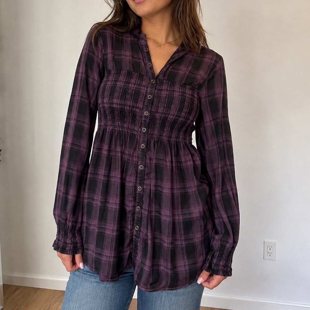 XCVI Purple Black Plaid Smocked Empire Waist Tunic Top L grunge